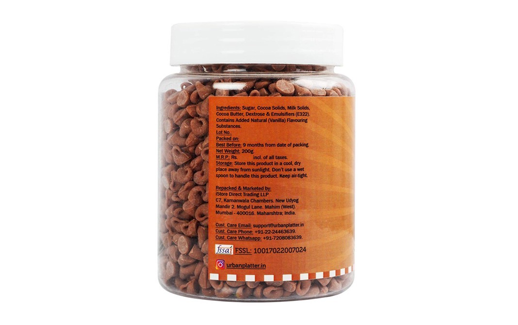 Urban Platter Milk Chocolate Chips    Plastic Jar  200 grams